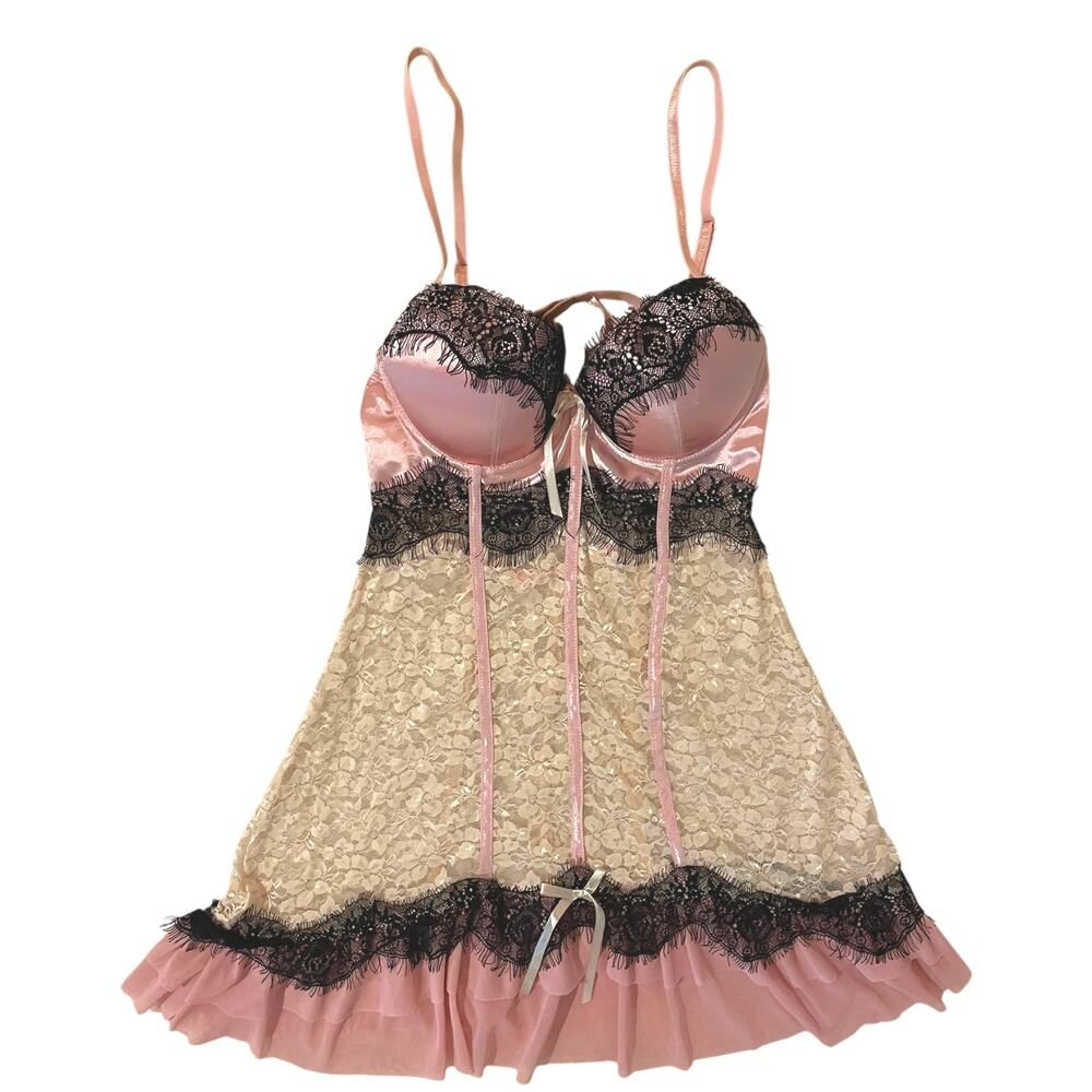 Vintage Y2K Native Intimates 34B Babydoll Lace Sheer Dress Pink Black Coquette
